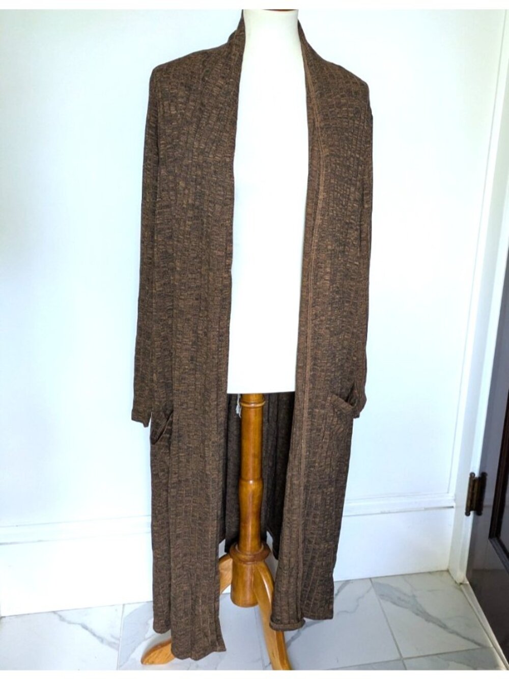 Lisa Rinna Collection Open Front Duster Cardigan Size 1X Petite Brown Pockets